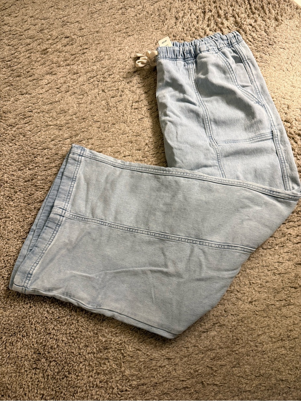 aerie Light Wash Me-Day Tie Waist Drawstring Denim Pant - size L